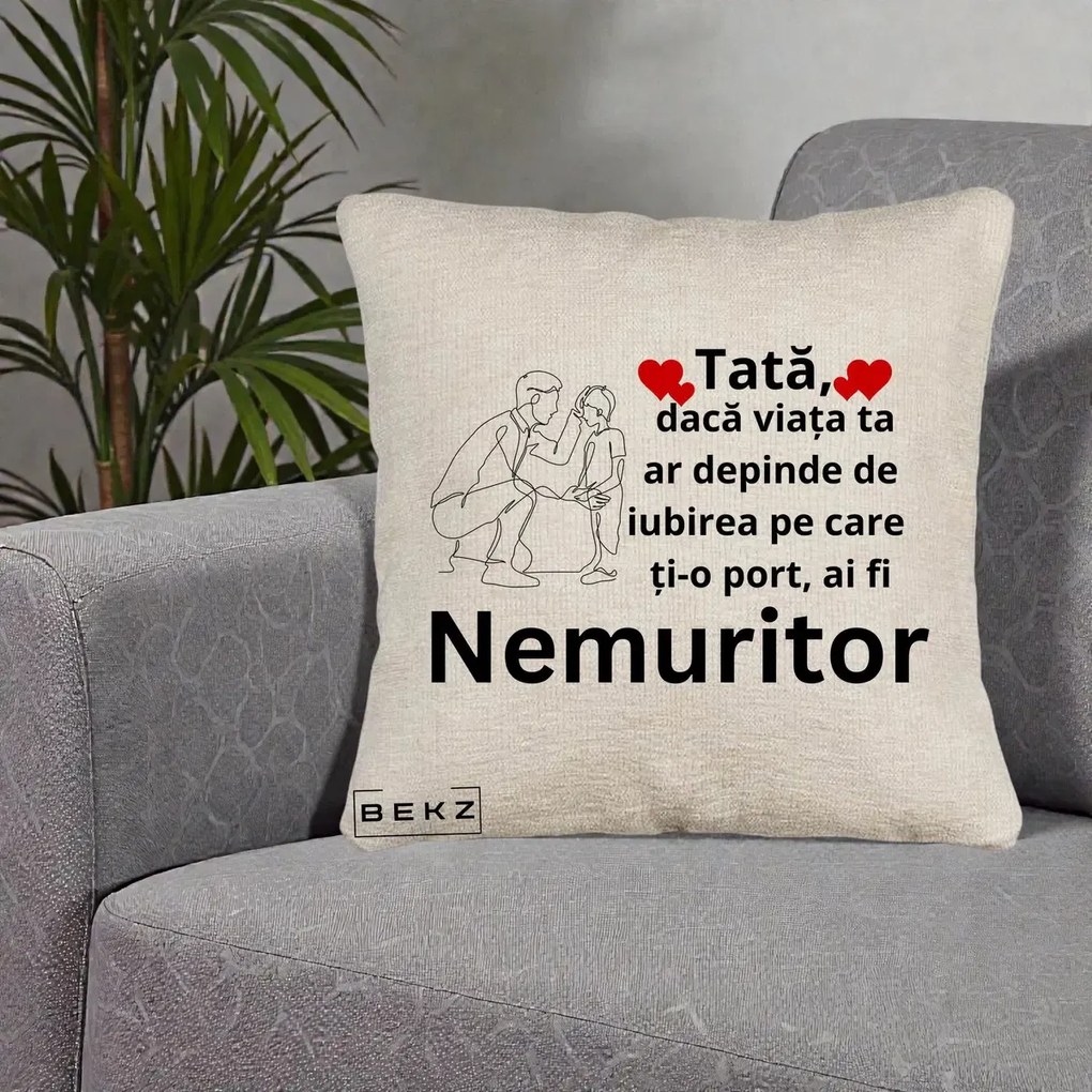 Cadou pentru Tata - Perna Personalizata Tata Nemuritor Baietel, 40x40 cm, Bej Canapea, Husa Detasabila, Perna Inclusa, BEKZ®