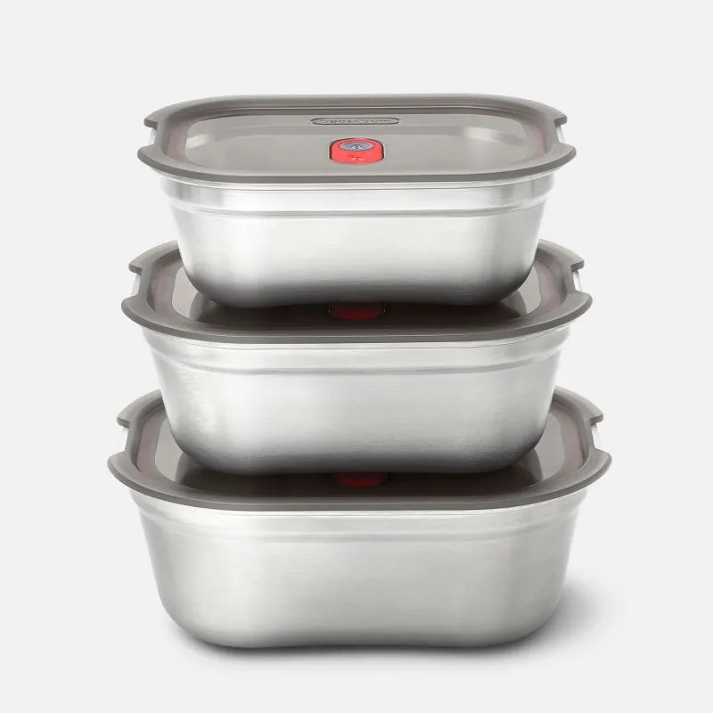 Set 3 cutii alimentare Black+Blum Meal Prep FBSS-BX-PACK1, 0.6/0.9/1.2 l, Dreptunghiular, Rezistent la cuptor, Fara BPA, oțel inoxidabil, gri