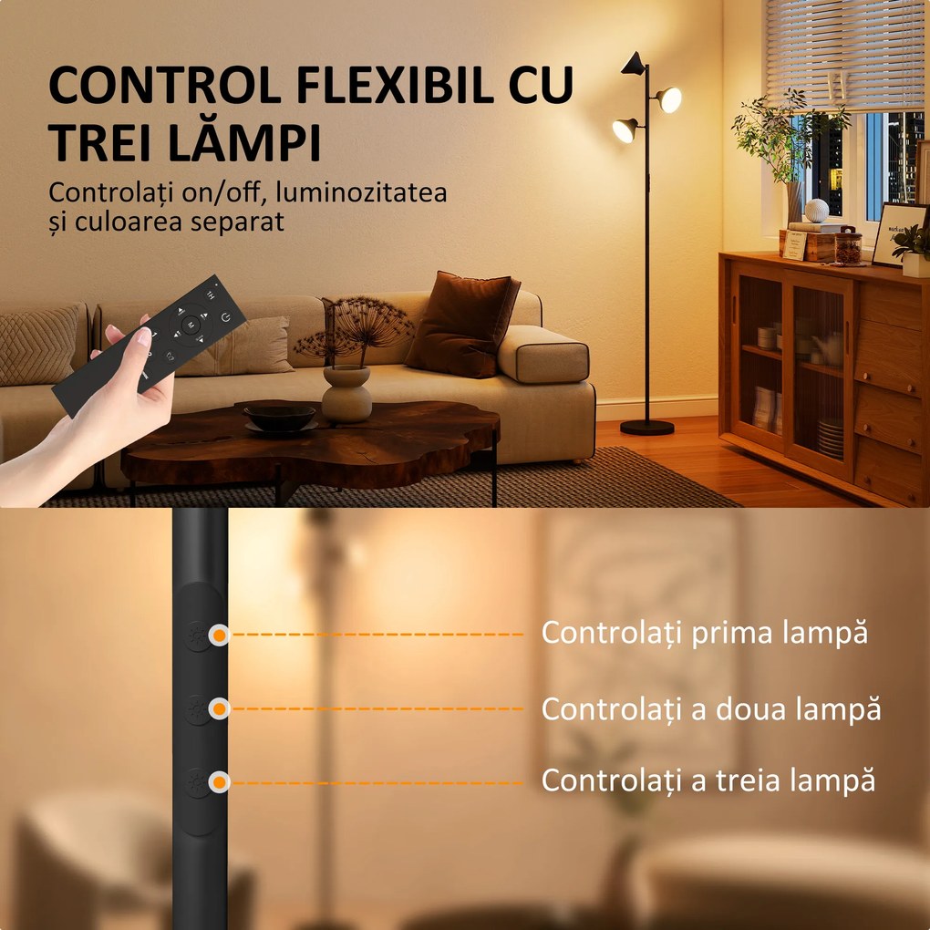 HOMCOM Lampă de Podea cu 3 Capete Reglabile Independent Φ25x170 cm Negru | Aosom Romania