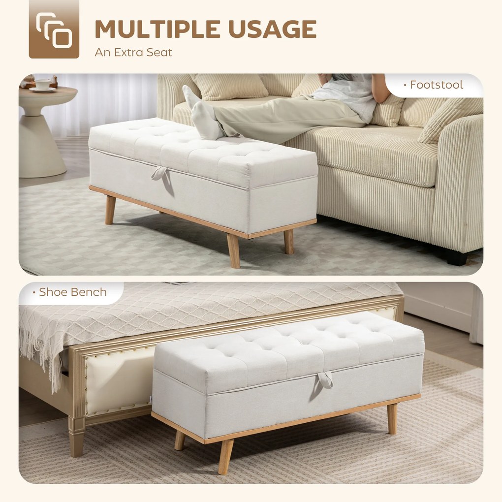 HOMCOM Taburet depozitare 80L, material textil, picioare lemn, 118x42x45 cm, crem | Aosom Romania
