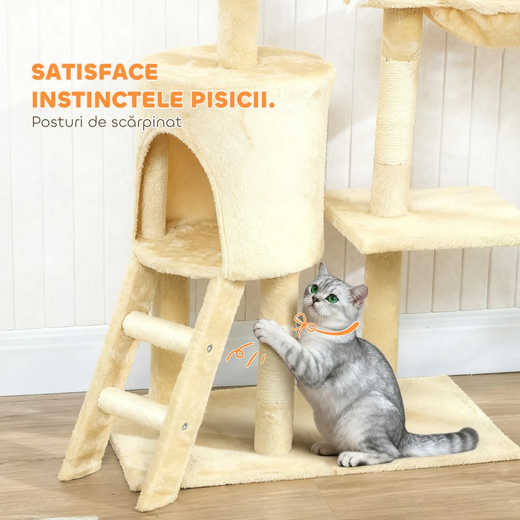 PawHut Turelă pentru pisici cu căsuță, stâlp de ascuțit gheare, platforme și 4 șoricei, din lemn, pluș și sisal, 50x35x134.2 cm, gri | Aosom Romania