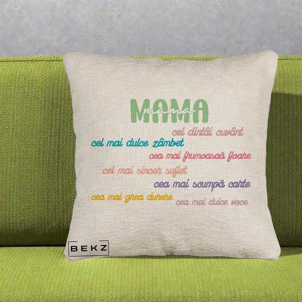 Perna personalizata mama: Mama, cel dintai cuvant, text colorat, 40x40 cm cu Umplutura, Bej Canapea, BEKZ