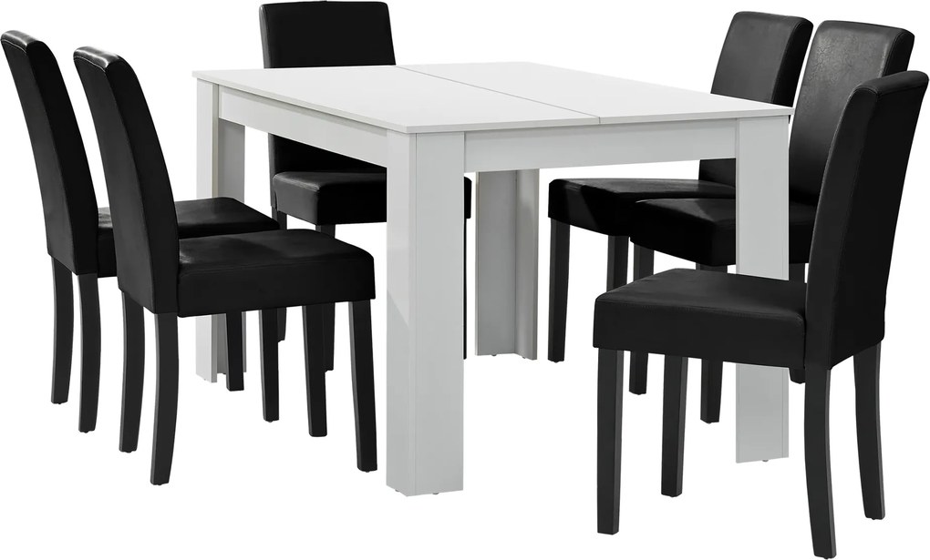[en.casa]® Masa eleganta Cleo - MDF furniruit, alb, 140 x 90 cm - cu 6 scaune imitataie de piele, negru