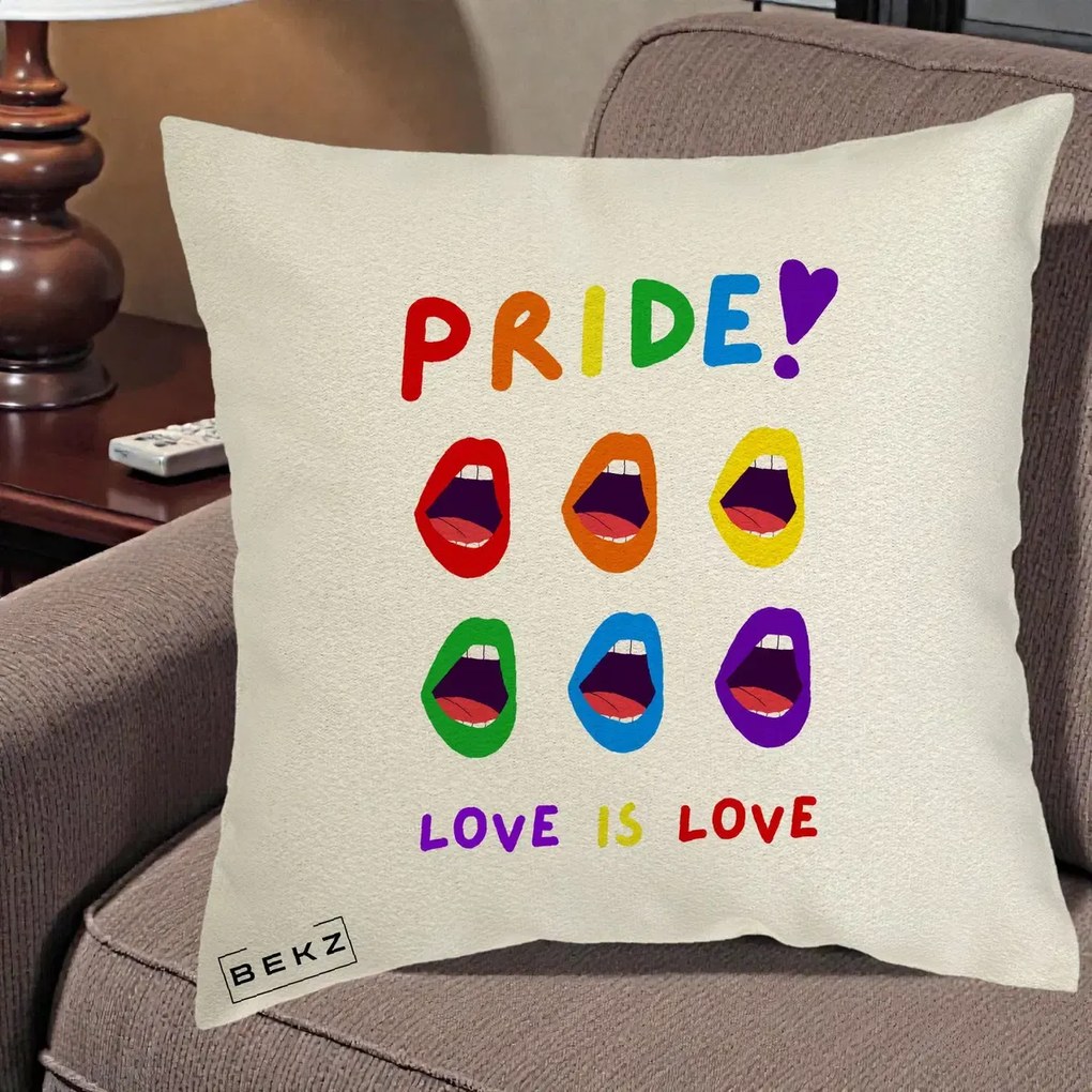 Perna Personalizata Pride Love is Love Curcubeu, 40x40 cm, Ecru, Husa Detasabila, Perna Inclusa, BEKZ®