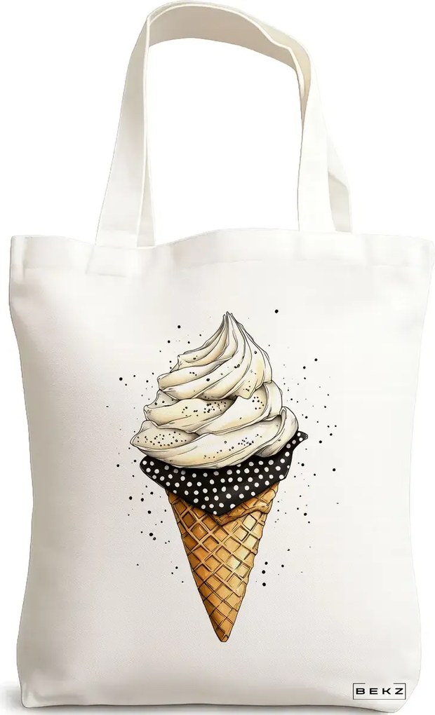 Sacosa de Panza pentru Cumparaturi, Geanta Tote, model Stlish Ice cream 38 x 34.5 cm, Alba, BEKZ®