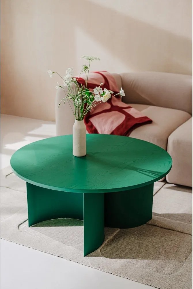 Măsuță de cafea verde rotundă cu blat cu aspect de lemn de frasin ø 95 cm Gavo – noo.ma