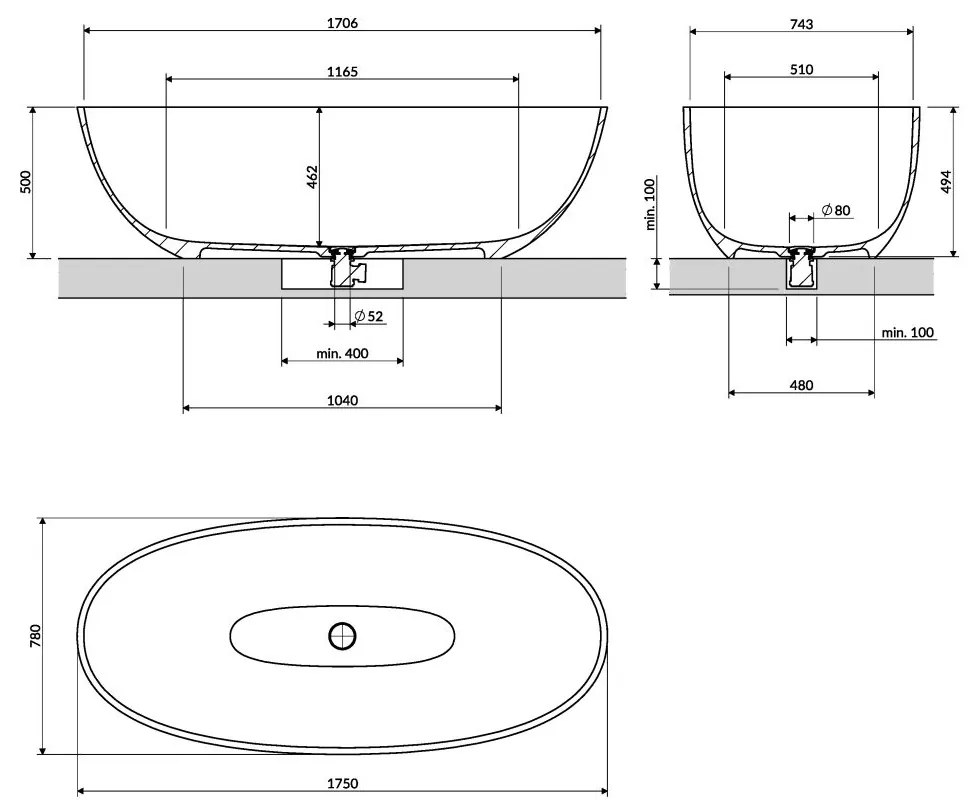 Omnires Shell M+ cada freestanding 175x78 cm ovala SHELL175WWAG
