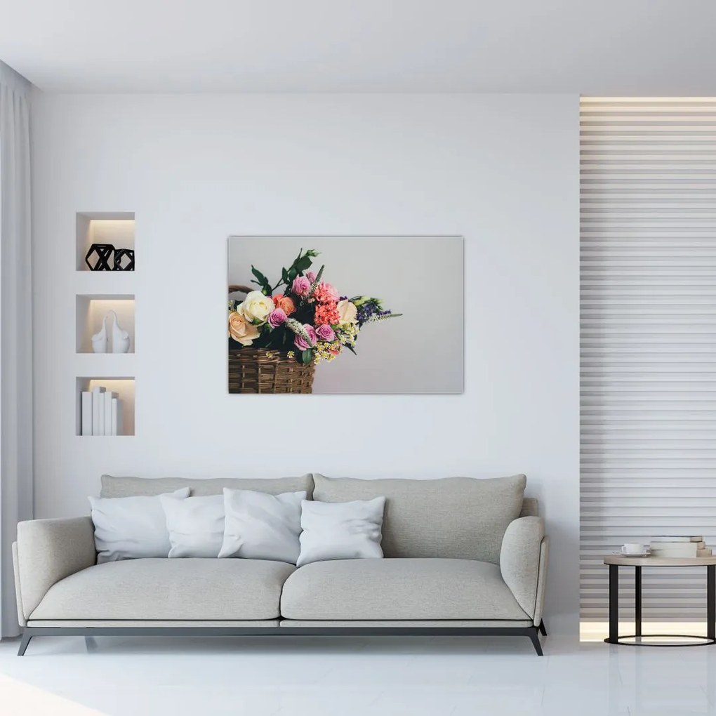 Tablou cu coș și flori (90x60 cm)