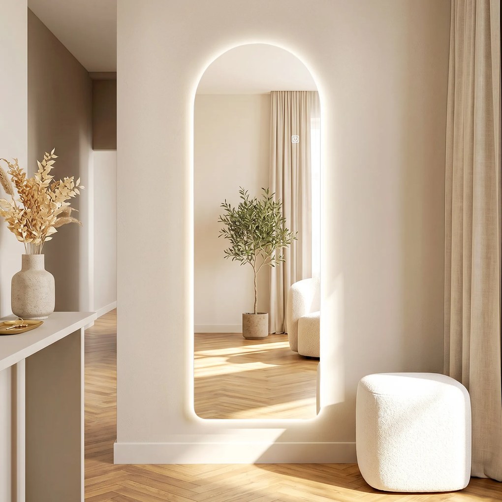 HOMCOM Oglindă de Perete în Formă de Arc cu Iluminare LED, Control Tactil și Sticlă Călită, 40x3x120 cm, Transparentă | Aosom Romania