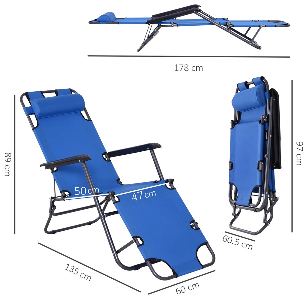 Sezlong pliabil si rabatabil de gradina sau plaja Outsunny, albastru 135x60x89cm | Aosom Romania