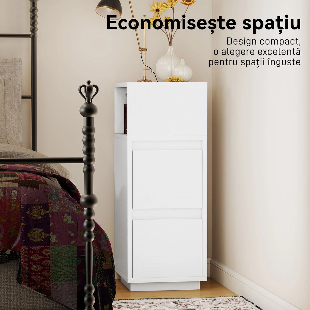 HOMCOM Set de 2 Noptiere Înalte și Subțiri pentru Dormitor cu 2 Sertare și Raft Deschis, Noptiere Moderne Economisitoare de Spațiu, Măsuțe pentru Divan, Sufragerie și Dormitor, 25x30x65 cm, Alb | Aosom Romania