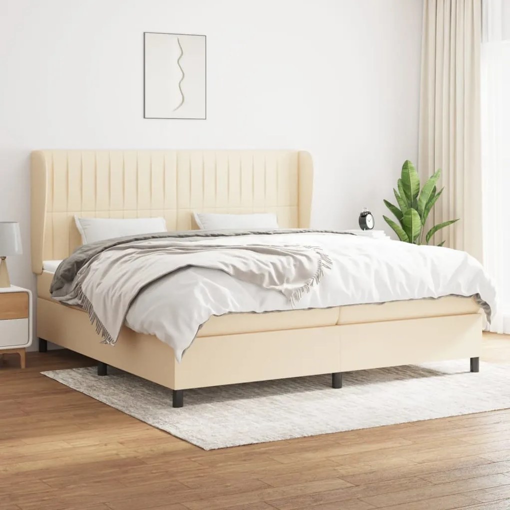 vidaXL Pat box spring cu saltea, crem, 200x200 cm, textil