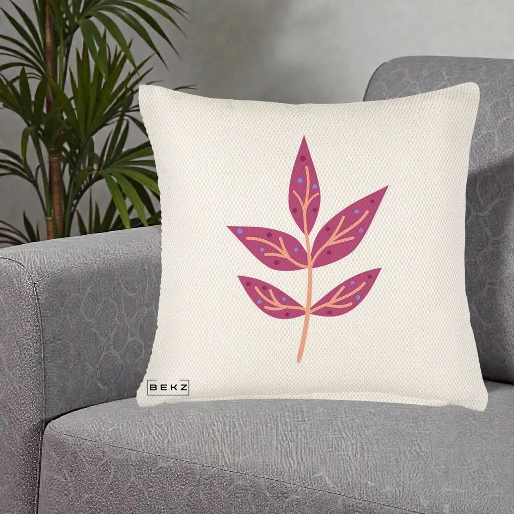 Perna Decorativa Ramura Botanica Mov, 40x40 cm, Crem Reliefat, Husa Detasabila, Perna Inclusa, BEKZ®
