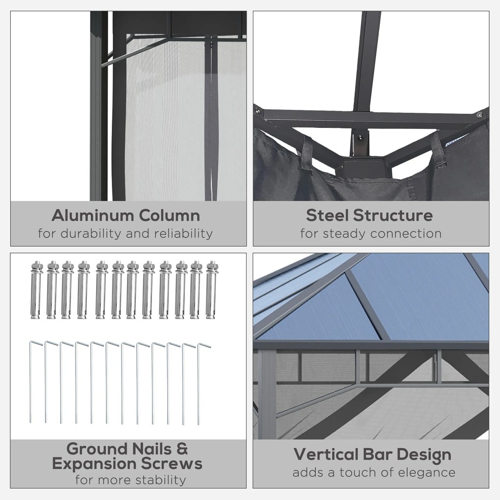 Outsunny Pavilion cu acoperis rigid din policarbonat 4 x 3 (m), Pergola cu cadru din aluminiu cu plasa, pentru gradina, veranda, Gri