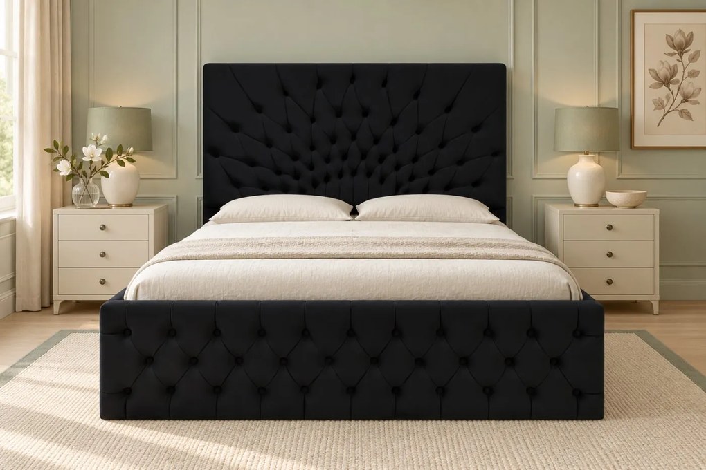 Pat tapițat Chesterfield din catifea Venezia 180×200 cm, negru, cu ladă de depozitare