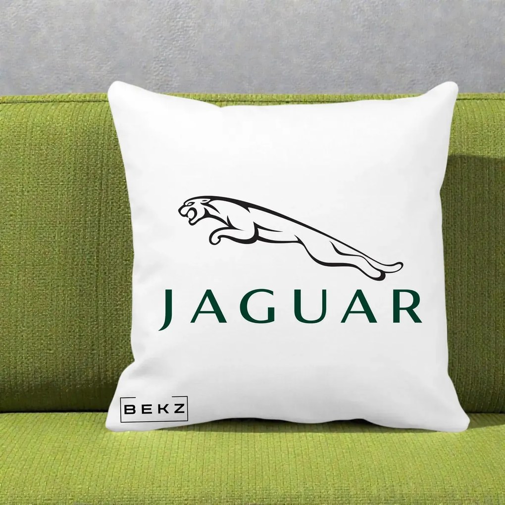 Perna Personalizata cu emblema Jaguar, 40x40 cm, Alba Mata, Husa Detasabila, Perna Inclusa, BEKZ®