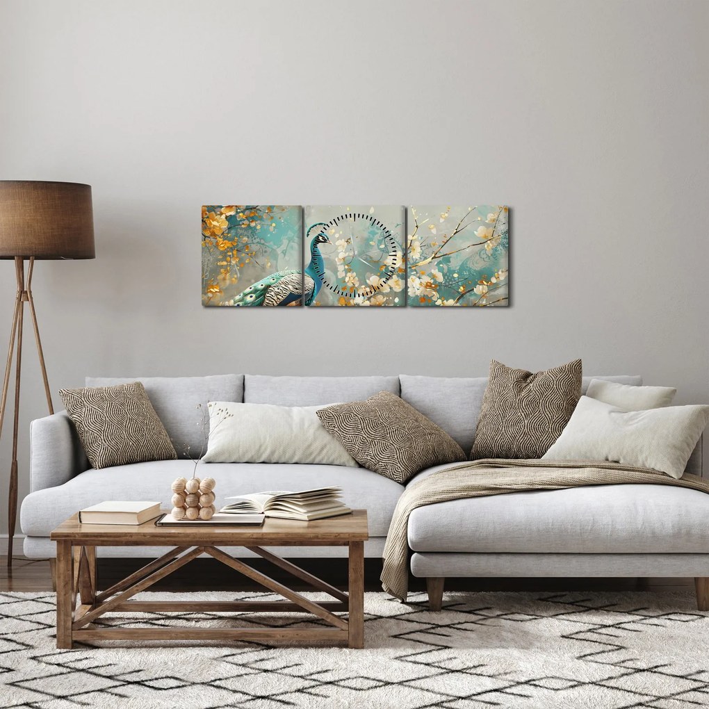 Tablou - Păun cu decor de aur (cu ceas) (90x30 cm)