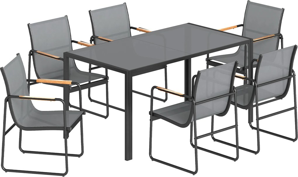 Outsunny Set masă și scaune pentru grădină cu masă din sticlă securizată și 6 scaune respirabile pentru terasă/patio, gri | Aosom Romania