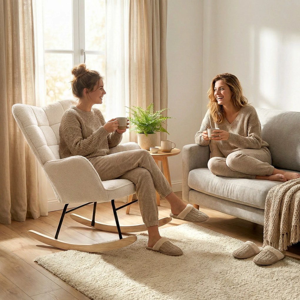 HOMCOM Balansoar Tapițat cu Cotiere, Fotoliu din Lemn și Oțel pentru Living și Dormitor, 71x92x101 cm, Bej