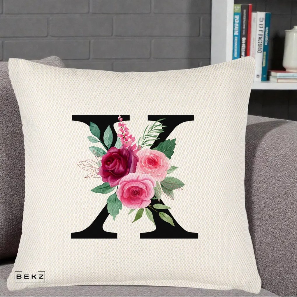 Cadou Personalizat - Perna Personalizata Monograma Florala Litera X cu Buchet, 40x40 cm, Crem Reliefat, Husa Detasabila, Perna Inclusa, BEKZ®