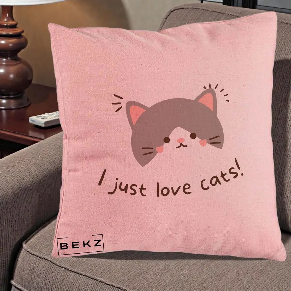 Perna Personalizata I Just Love Cats Pisica Kawaii, 40x40 cm, Roz, Husa Detasabila, Perna Inclusa, BEKZ®