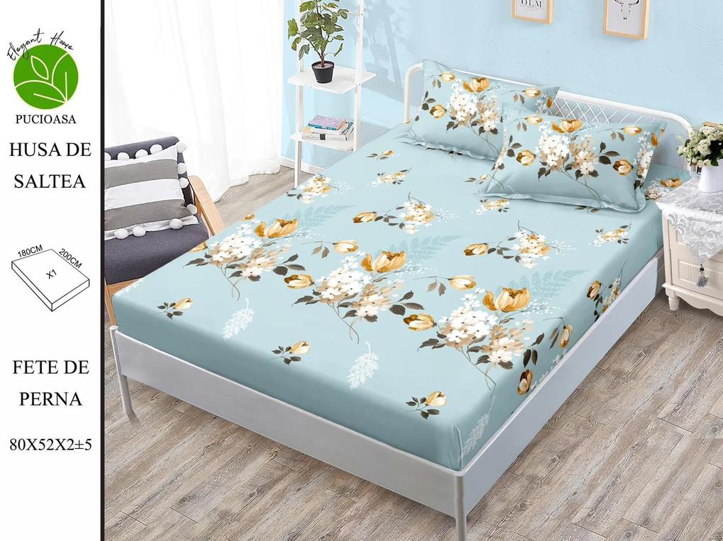 Husa de pat cu elastic 180x200 din Bumbac Finet + 2 Fete de Perna - Bleu Cu Flori