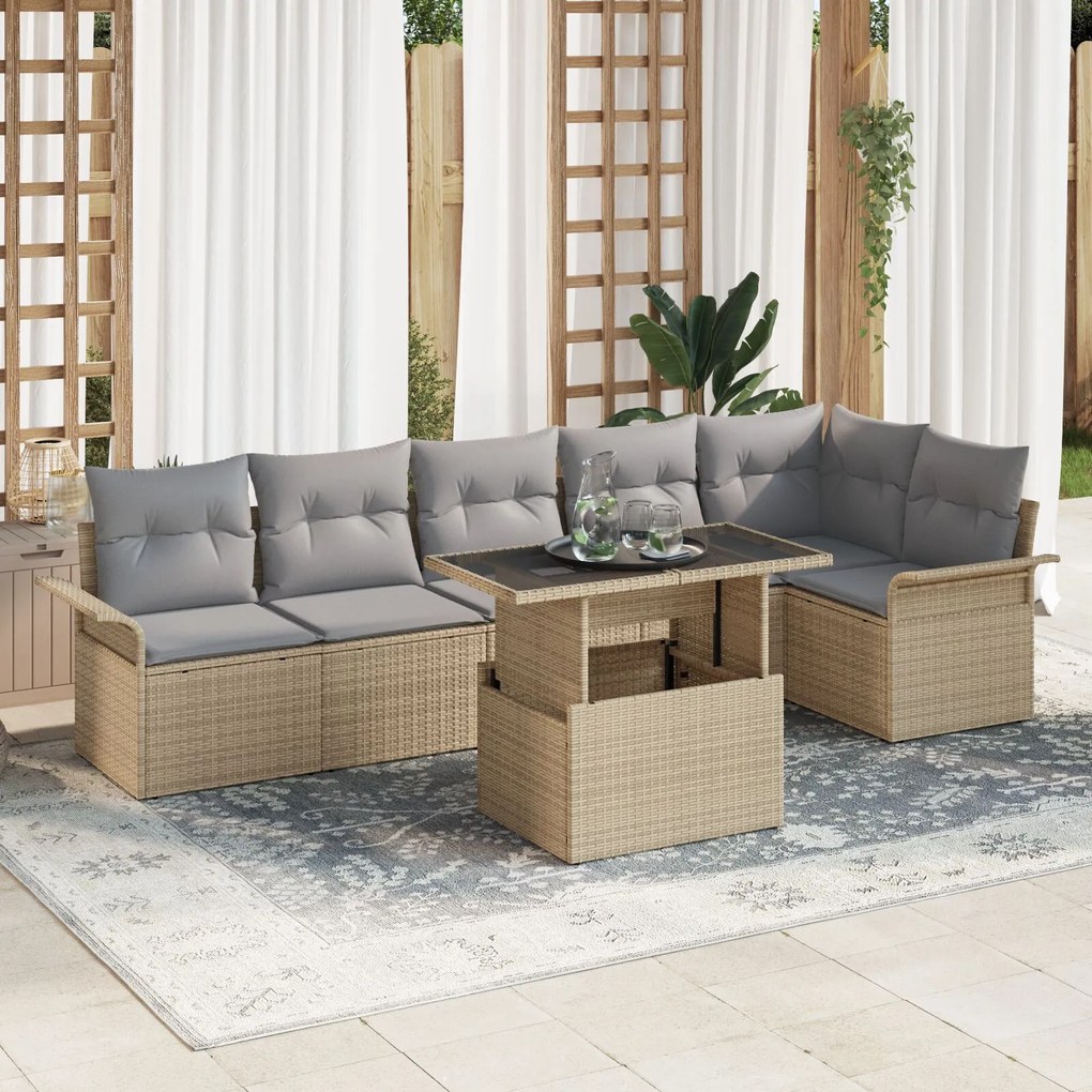 vidaXL Set de Sofa de Grădină cu 7 Piese cu Perne Bej Ratan Poli