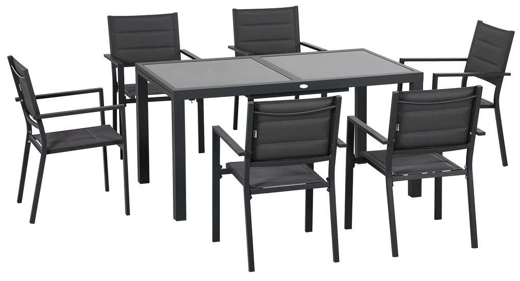 Outsunny Set de 7 Piese de Grădină din Aluminiu cu Masă Extensibilă și 6 Scaune cu Șezut din Plasă Respirabilă, 210x90x75 cm, Gri | Aosom Romania