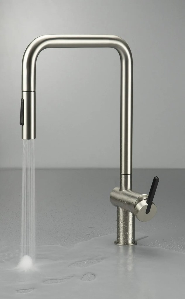 Baterie pentru chiuveta bucatarie, otel, cap mixer, 2 tipuri de jet, dus extractabil, Deante Momi Otel