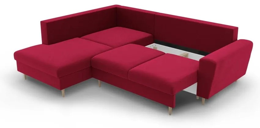 Colțar roșu extensibil, cu spațiu de depozitare cu tapițerie din catifea (cu colț pe partea stângă-în formă de ”L”) Kyoto – Cosmopolitan Design