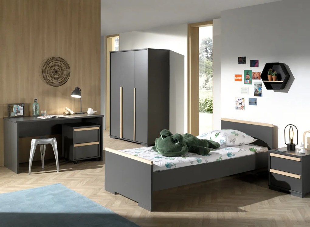 Set LONDON în culoarea antracit format dintr-un Pat copii (90x200) cu noptieră, Dulap camera copii cu 3 uși și birou și cărucior de birou.