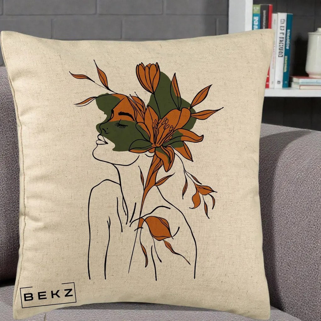 Perna Decorativa Portret Feminin Crin Auriu, 40x40 cm, Bej, Husa Detasabila, Perna Inclusa, BEKZ®
