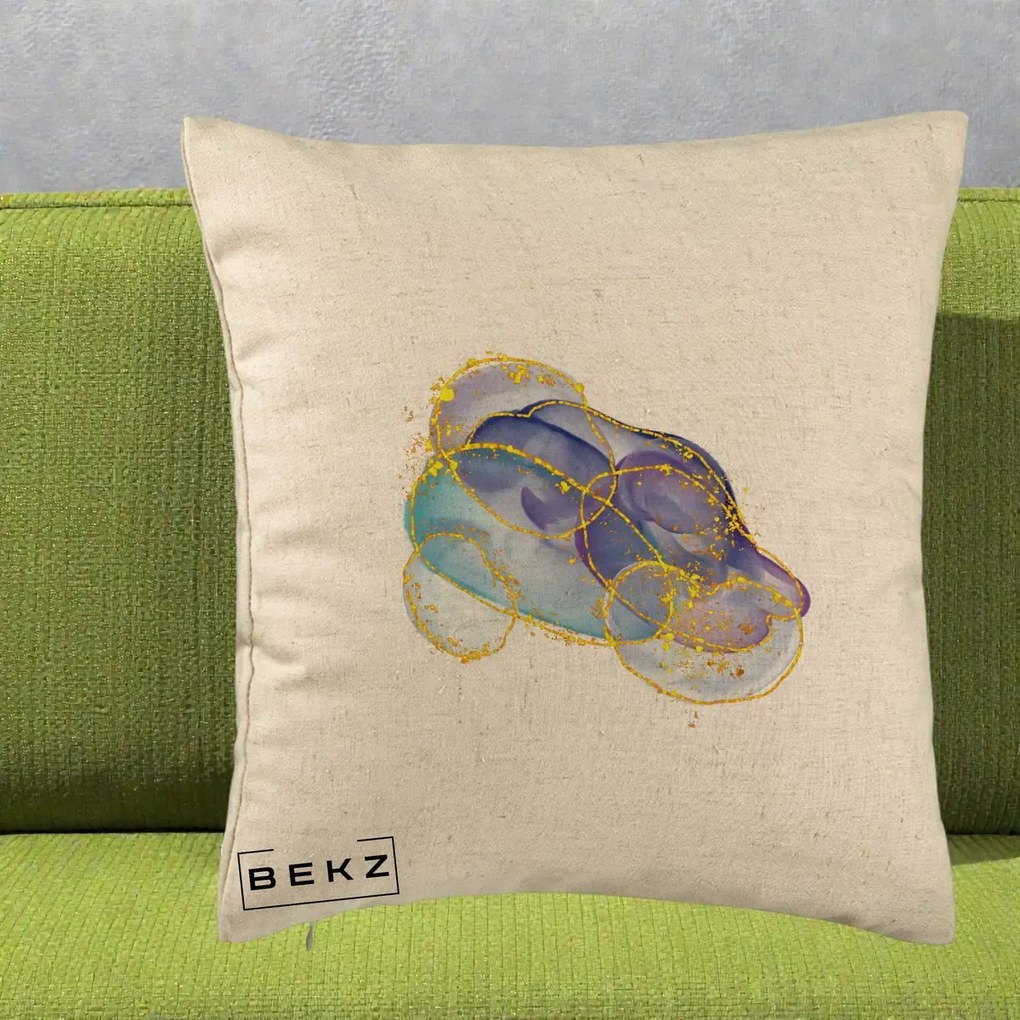 Perna Decorativa Abstract Acuarela Albastru-Mov cu Cercuri Aurii, 40x40 cm, Bej, Husa Detasabila, Perna Inclusa, BEKZ®