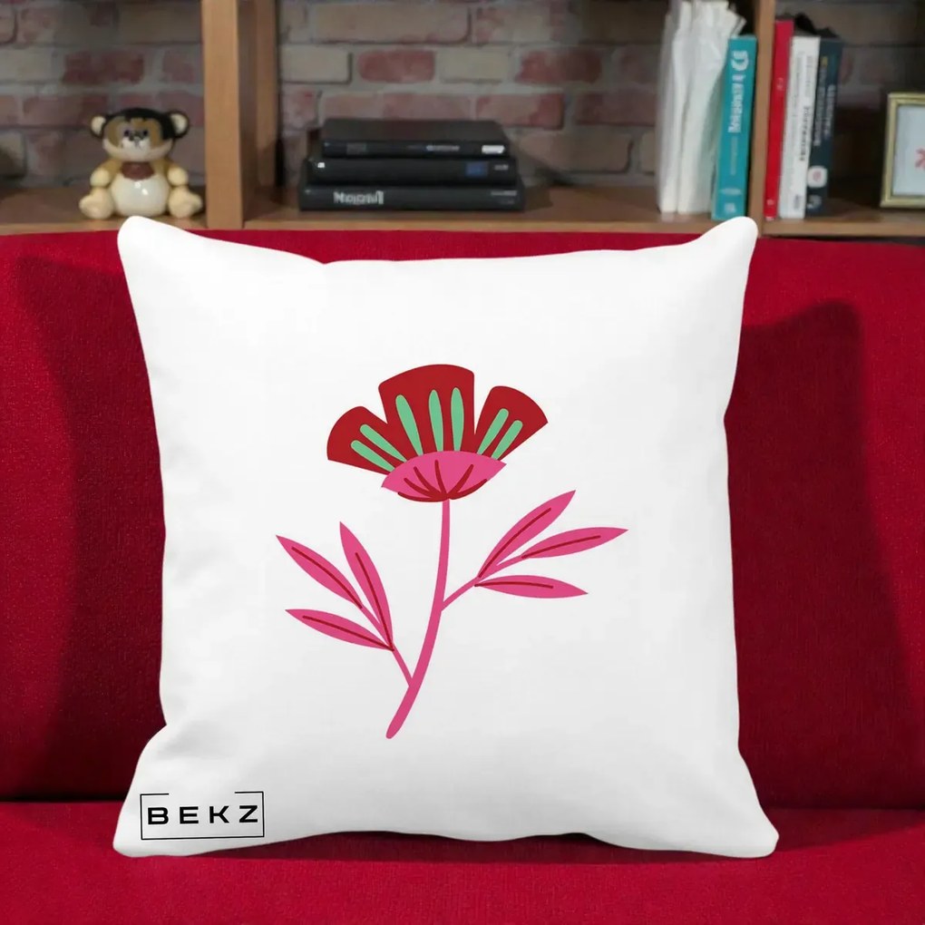 Perna Decorativa Floare Macul Roz-Rosu Grafic, 40x40 cm, Alba Mata, Husa Detasabila, Perna Inclusa, BEKZ®