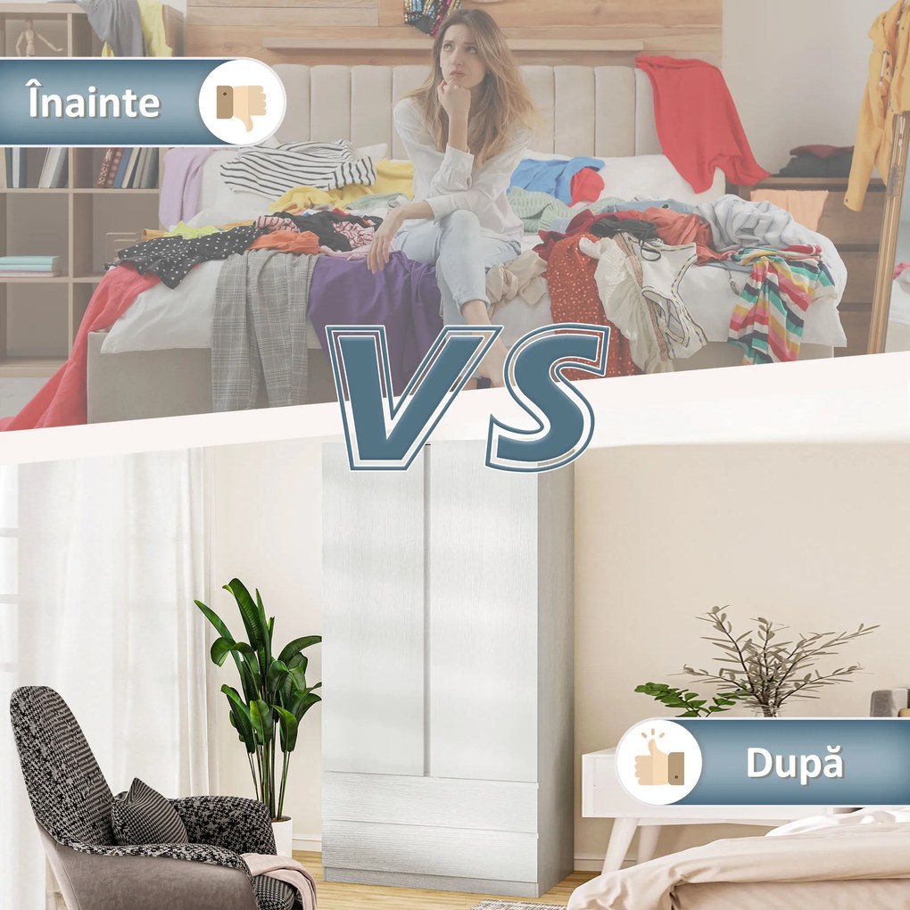 HOMCOM Dulap pentru Haine Alb cu Cuier și 2 Sertare Glisante, Design Modern pentru Dormitor, 100x60x200 cm | Aosom Romania