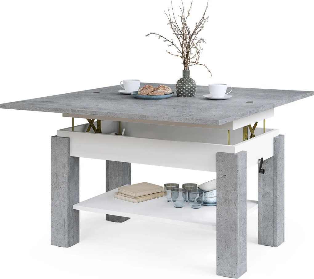 Mazzoni BRAWO Beton Millennium/Alb - MĂSUȚĂ DE CAFEA CU BLAT EXTENSIBIL ȘI RIDICABIL MASĂ CU RAFT