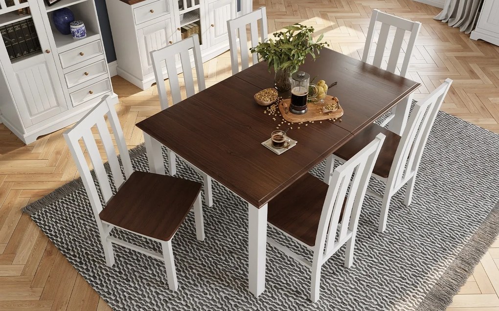 Set lemn masiv nuc Dining Linea 6 Scaune și Masă Extensibilă Alb-