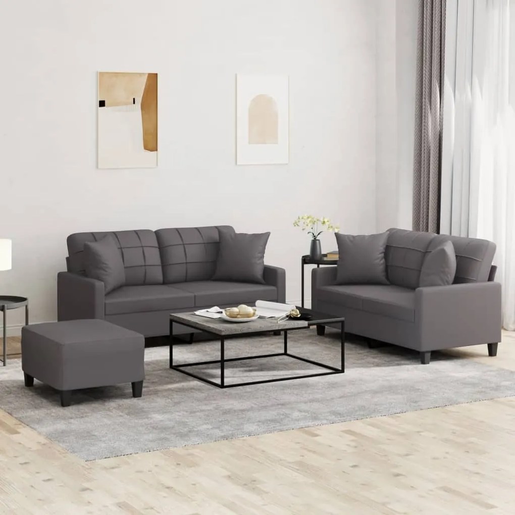 3201375 vidaXL Set de canapele cu perne, 3 piese, gri, piele ecologică