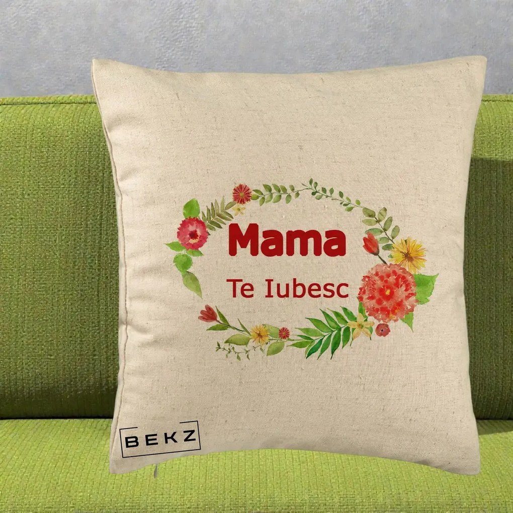 Cadou pentru Mama - Perna Personalizata Mama Te Iubesc Flori Rosii, 40x40 cm, Bej, Husa Detasabila, Perna Inclusa, BEKZ®