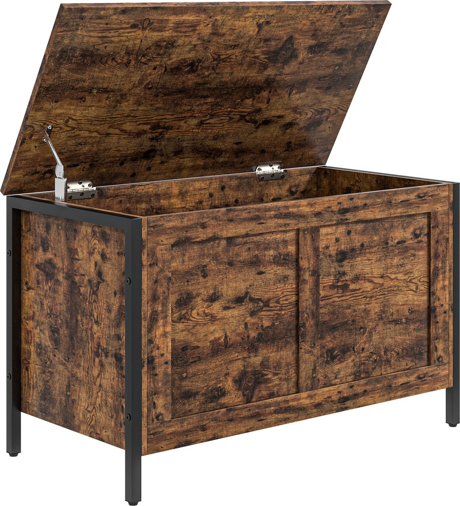 HOMCOM Bancă de Depozitare de 95L în Stil Industrial cu Capac cu Balamale de Siguranță, 80x40x49 cm, Maro Rustic | Aosom Romania