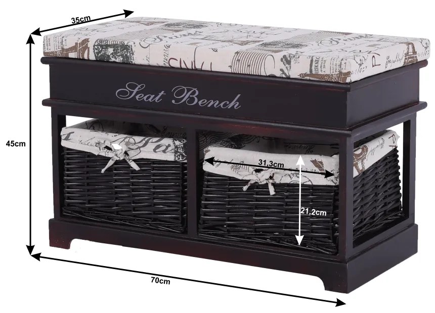 Bancă cu pernă, 2 coşuri de răchită, maro închis/bej/imprimeu, SEAT BENCH 3