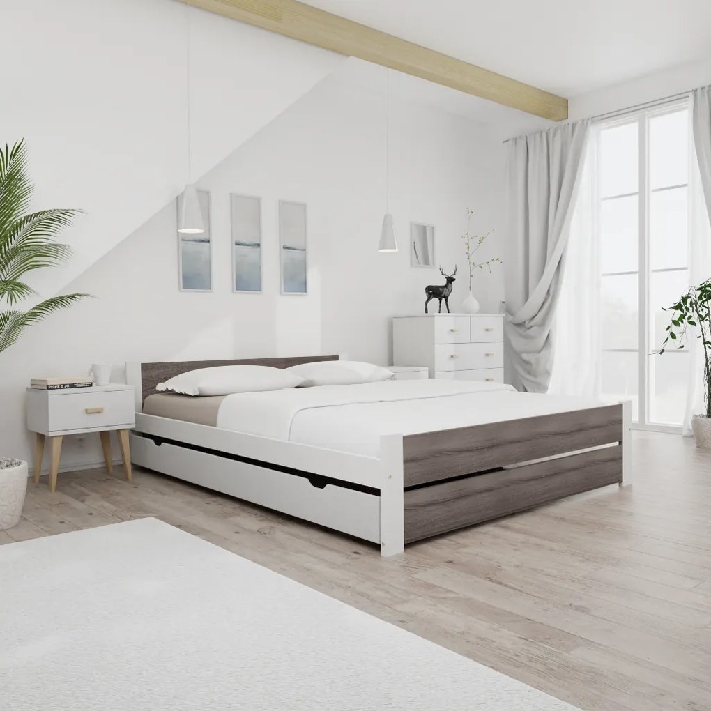 Pat de o persoana alb/stejar trufa, IKAROS DOUBLE 120 x 200 cm Saltele: Fara saltea, Somiera pat: Cu lamele drepte