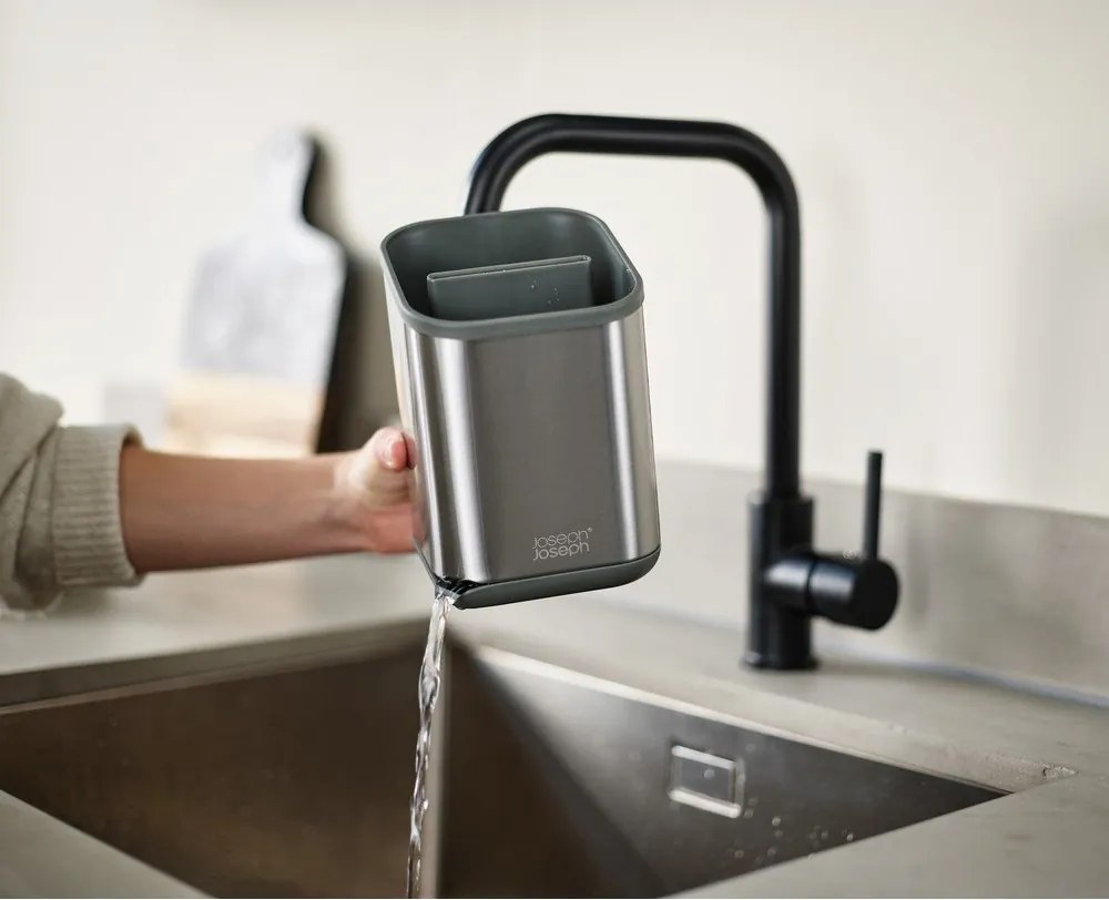 Scurgător de vase argintiu lucios pentru tacâmuri din oțel inoxidabil 11x11,5 cm Duo Steel – Joseph Joseph