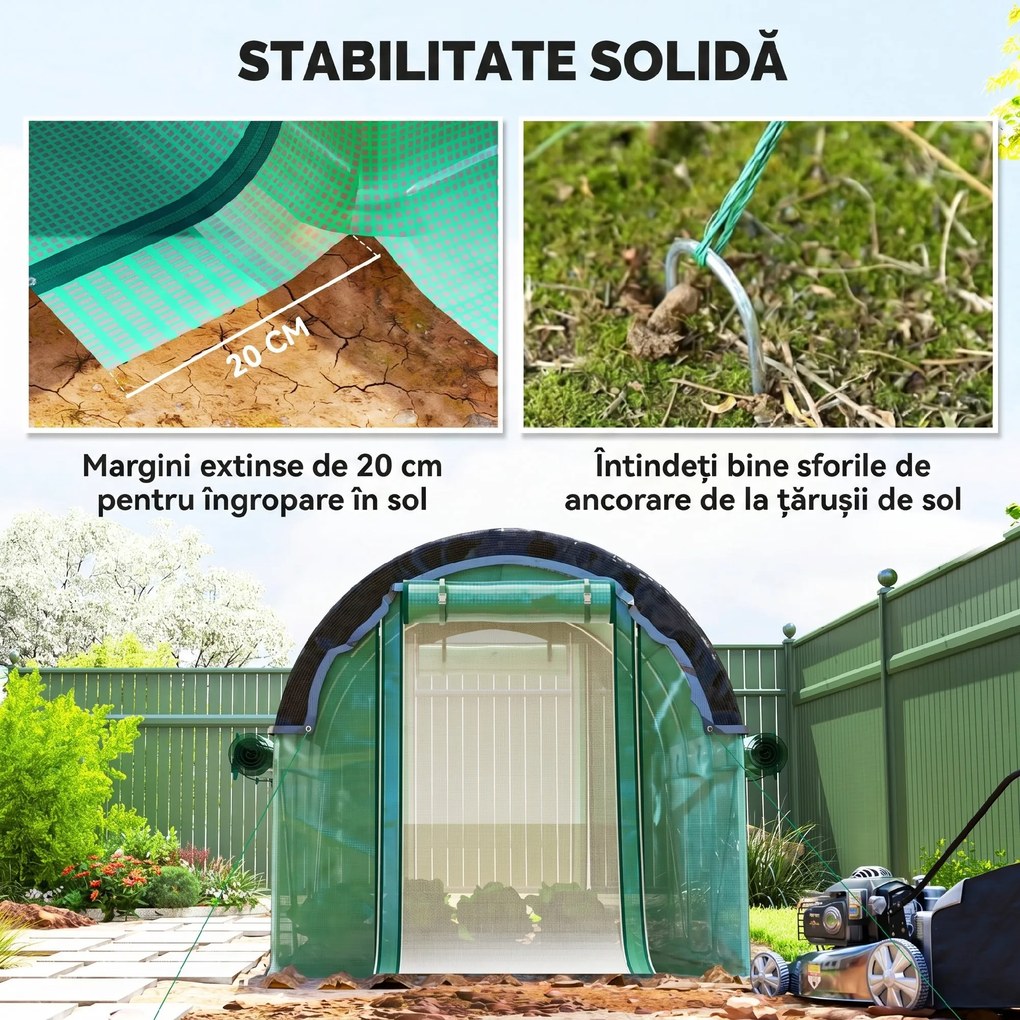 Outsunny Seră de Grădină Tunel 3x2x2 m cu Plasă de Umbrire, Seră pentru Legume și Flori cu 6 Ferestre, 2 Uși și Pereți Laterali Rulanți, Cadru din Oțel și Acoperire PE, Verde | Aosom Romania