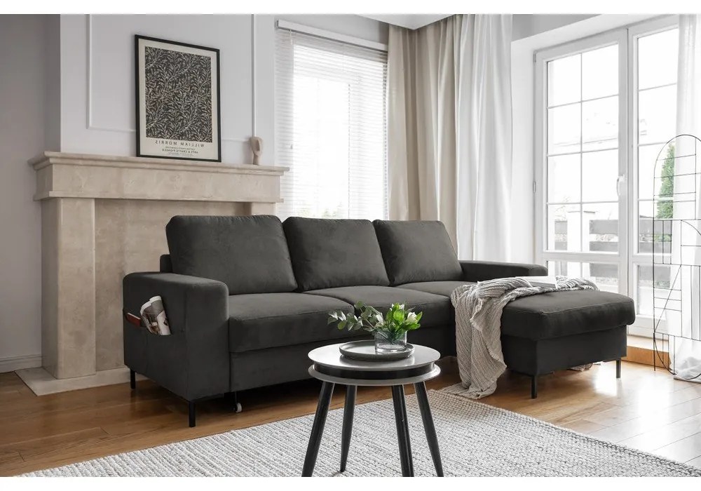 Colțar gri închis extensibil cu tapițerie din catifea reiată (cu colț pe partea dreaptă) Lofty Lilly – Miuform