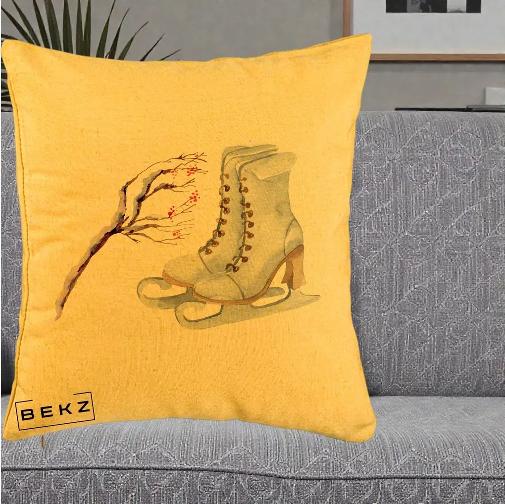 Perna Decorativa Patine cu Ramuri Inzapezite, 40x40 cm, Galben, Husa Detasabila, Perna Inclusa, BEKZ®