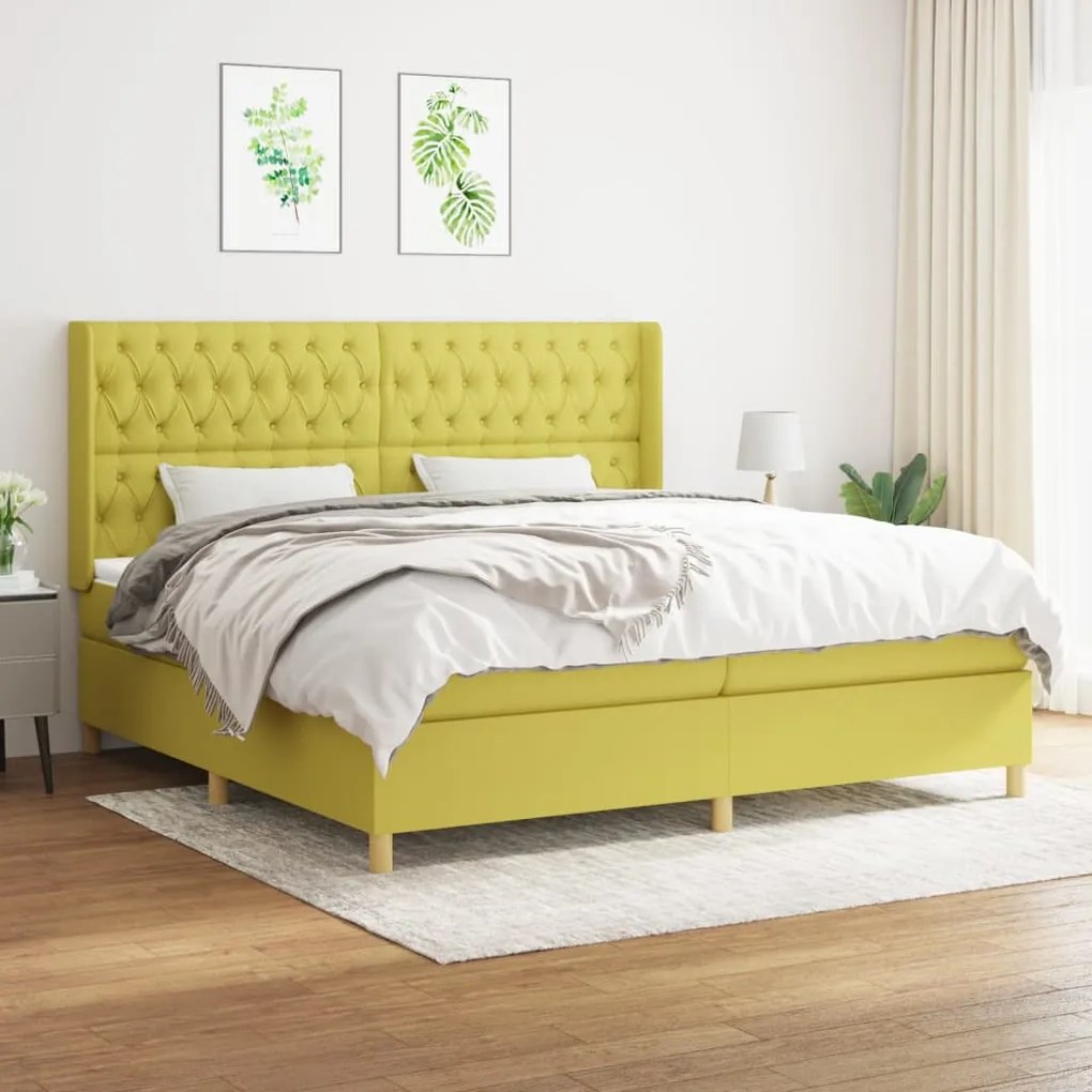 Pat box spring cu saltea, verde, 200x200 cm, textil Verde, 200 x 200 cm, Design cu nasturi