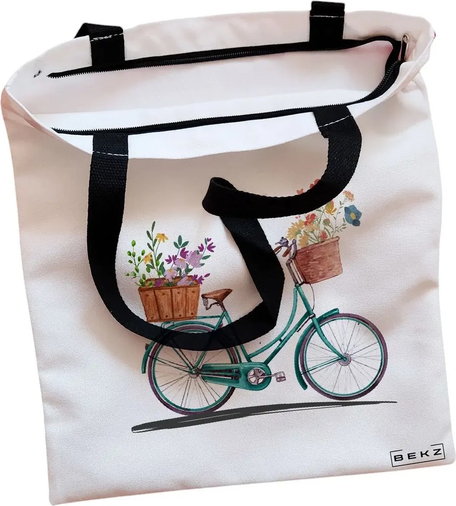 Sacosa de Panza pentru Cumparaturi, Geanta Tote, model Artistic Bicycle, Cu fermoar, 38x34.5 cm, Alba, BEKZ®