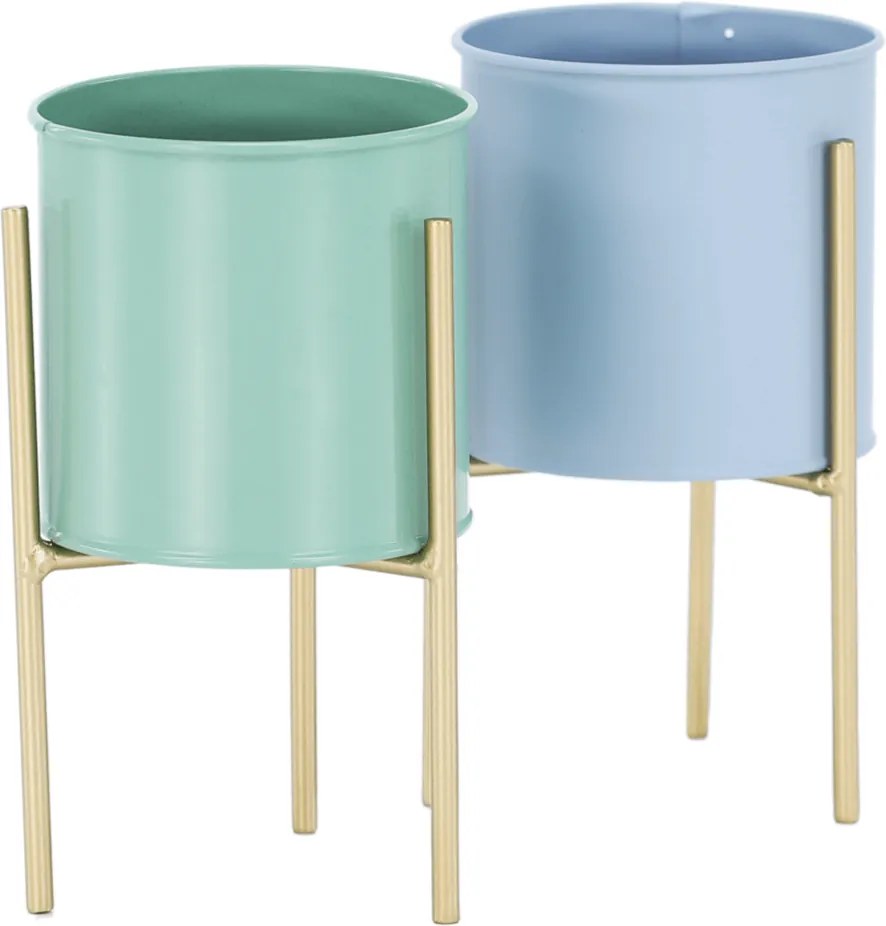 Set 2 ghivece metalice, albastru/neo mentă/auriu, ROZEL SET