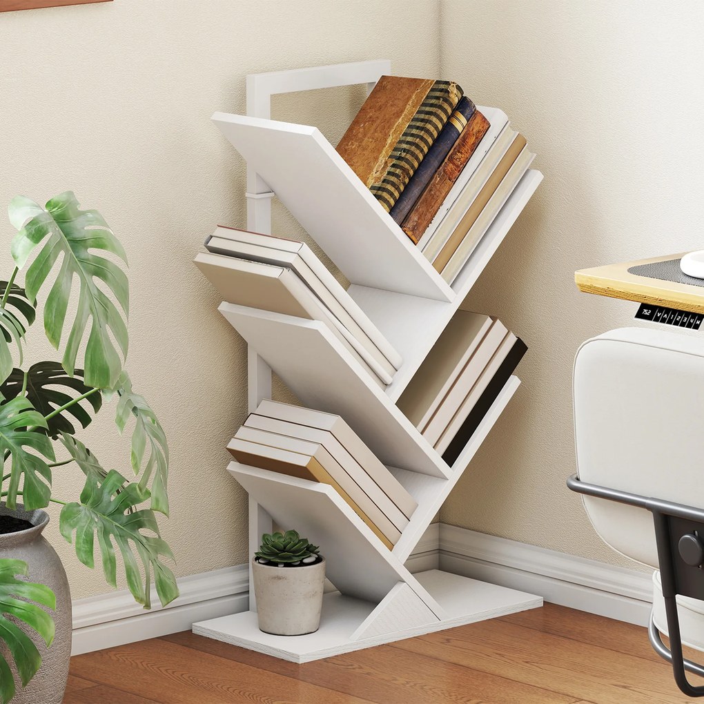 HOMCOM Bibliotecă în Formă de Copac cu 5 Rafturi și Sistem Antivărsare pentru Sufragerie Dormitor 50x24x82 cm Alb | Aosom Romania